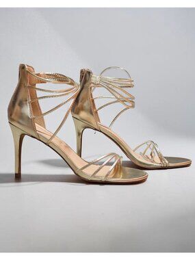 WomenS Gold Strappy Stiletto Sandals Open Toe Ankle Zip Dress Heels